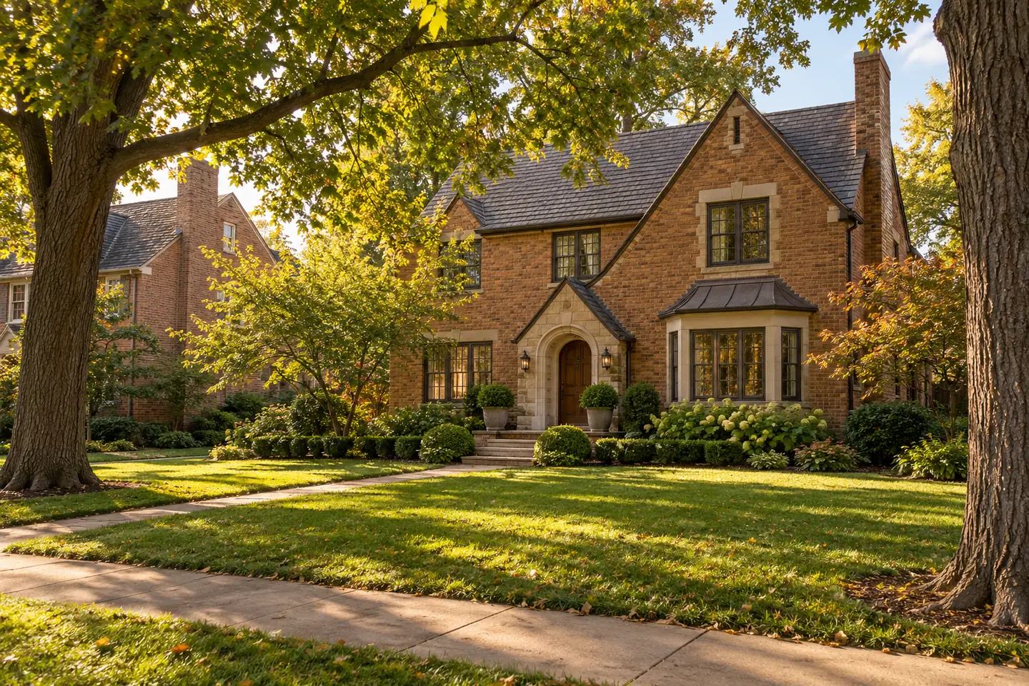 Representative brick home and leafy front yard inspired by Upper Arlington neighborhoods